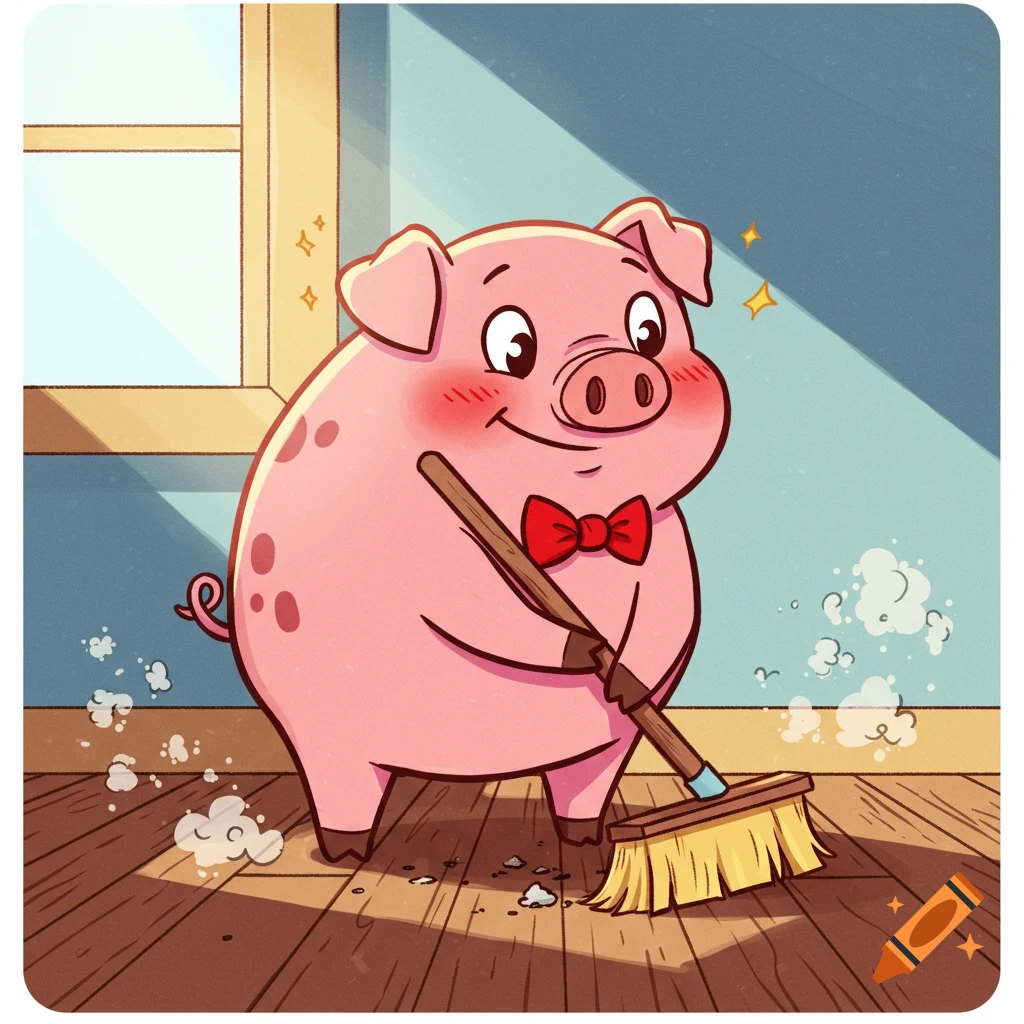 A cartoon pig wearing a red bow tie sweeps a wooden floor with a broom.