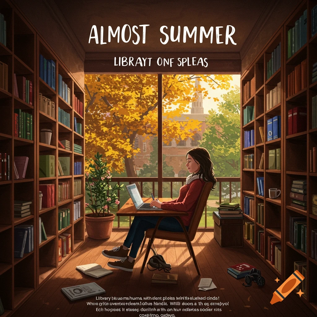 A student studies in a library with a view of autumn trees outside.