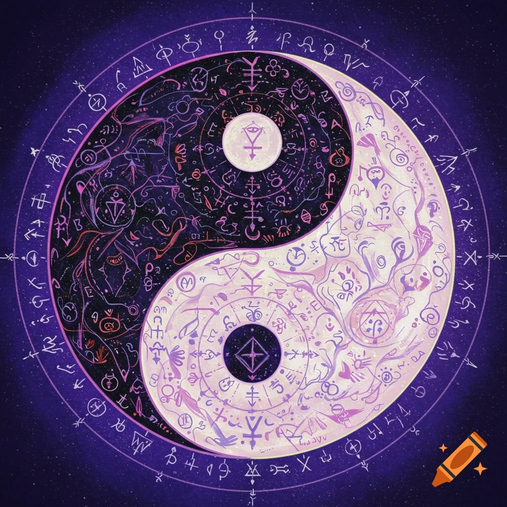 A Yin Yang symbol filled with mystic glyphs and surrounded by more symbols on a starry purple background.