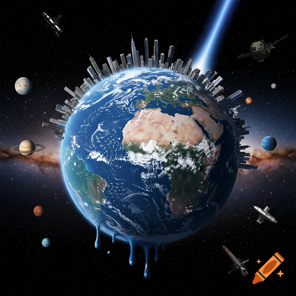 Stylized Earth melting in space with a ring of buildings, surrounded by planets and spaceships.