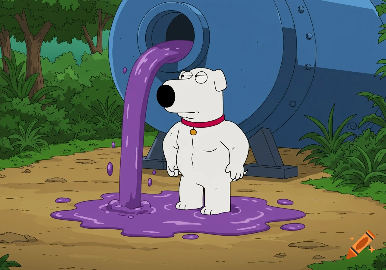 Brian from Family Guy stands in a puddle of purple liquid flowing from a large blue tank.
