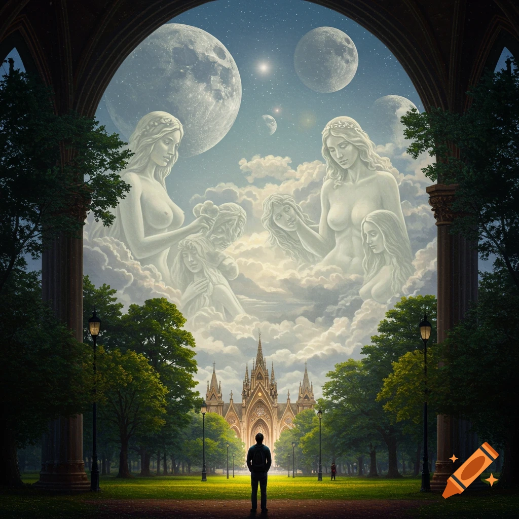 A person stands in a park looking at a gothic cathedral while cloud figures and large moons fill the sky.
