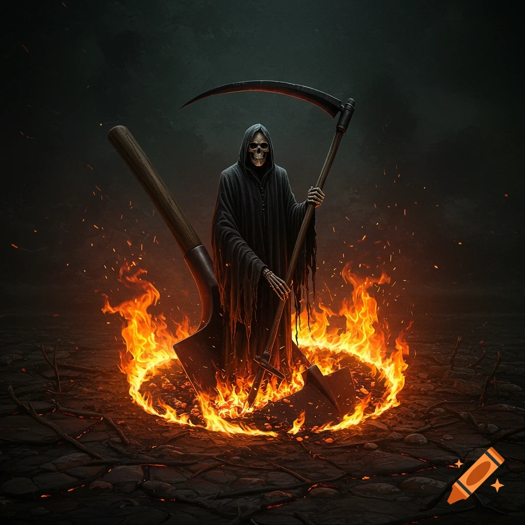 The Grim Reaper holds a scythe and shovel within a ring of fire.