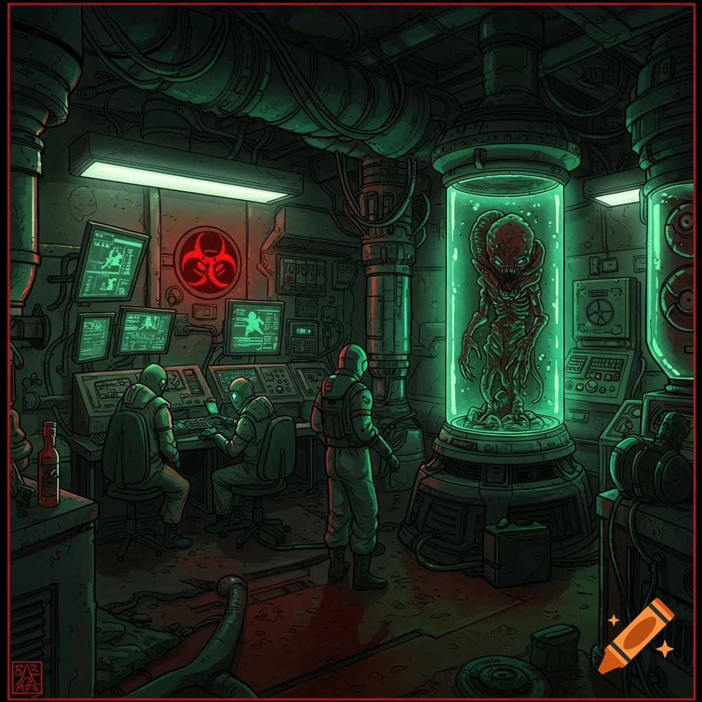 Scientists in a futuristic lab are observing an alien creature within a containment tube. The lab is equipped with monitors and displays a biohazard symbol.