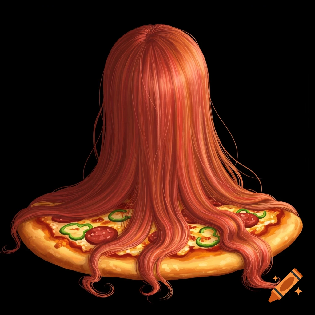 A pizza covered in long, flowing red hair instead of cheese.