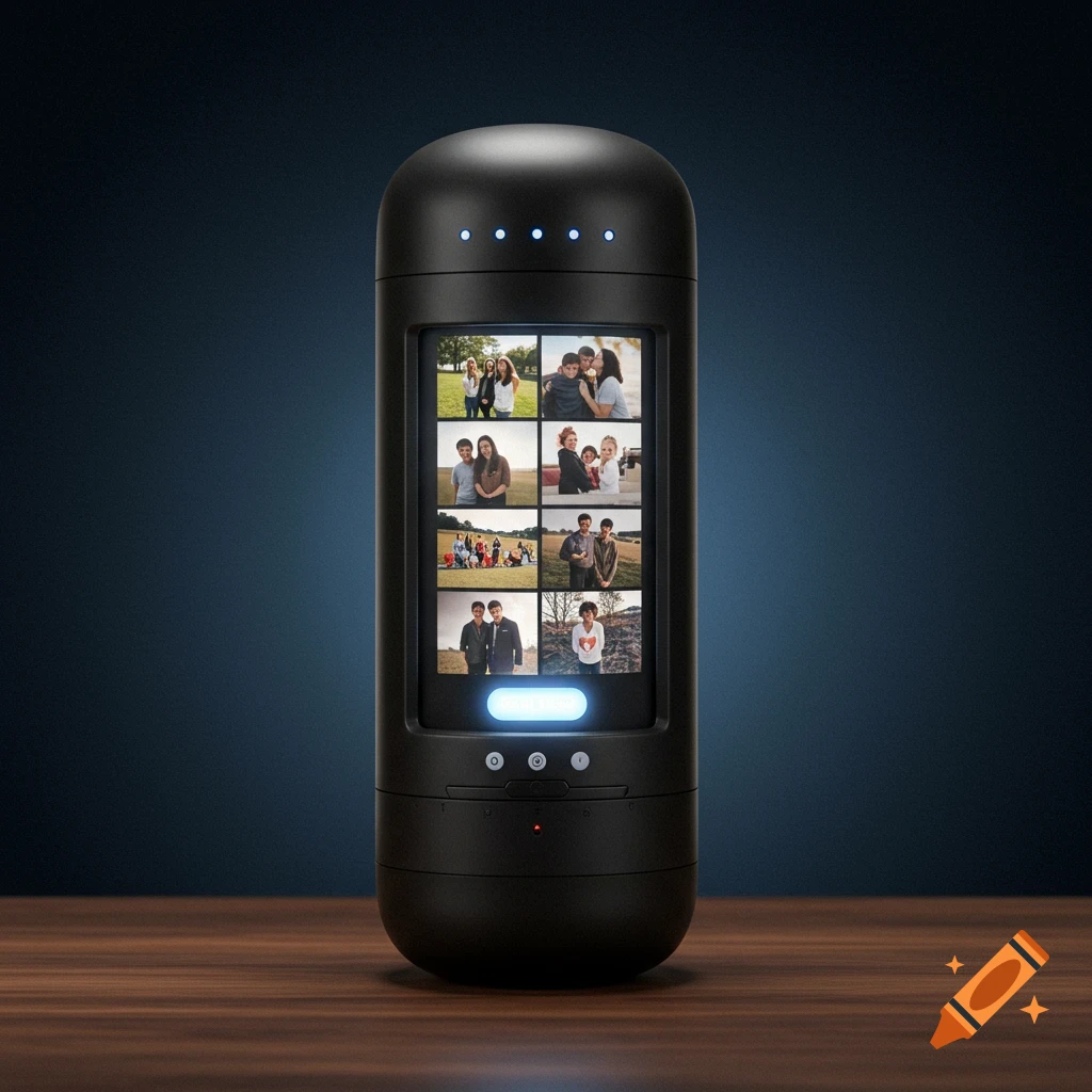 A black vertical device sits on a table, displaying a grid of small family photos on its screen.