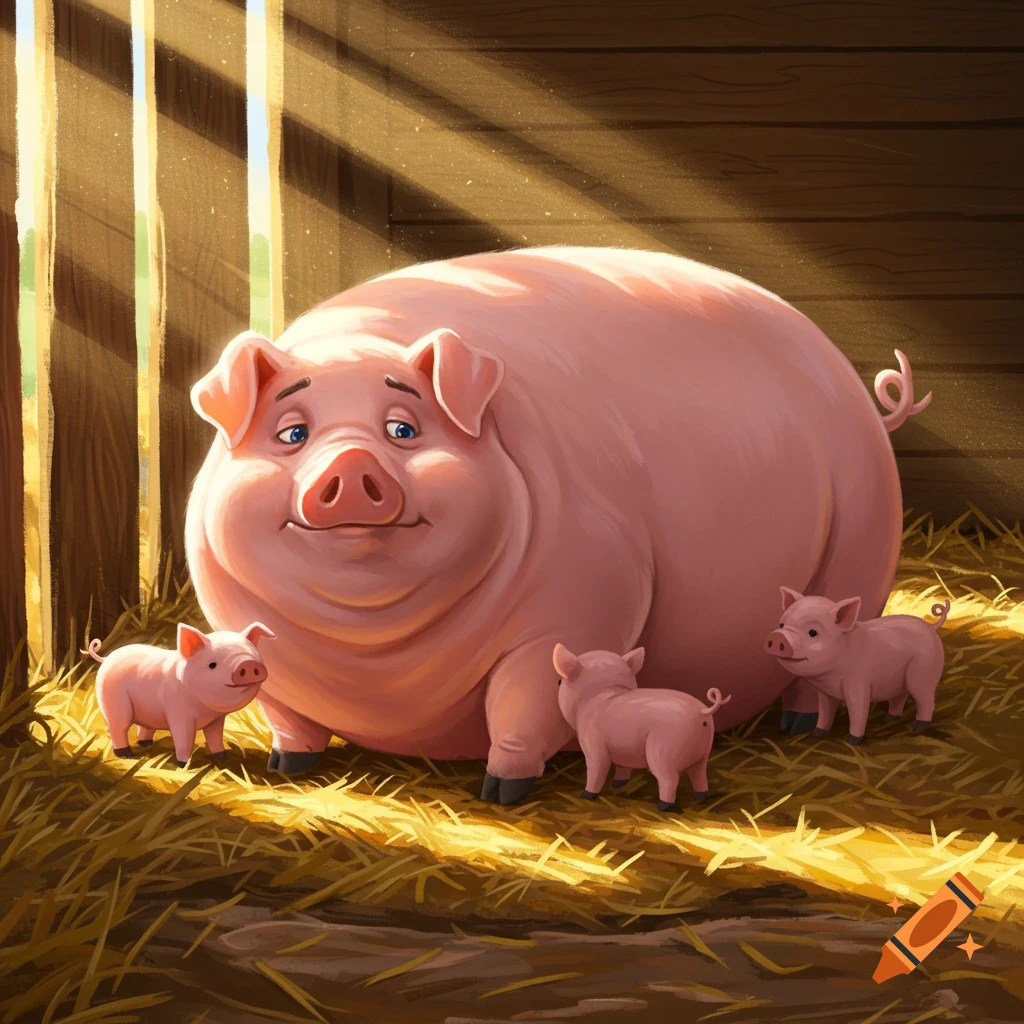 A mother pig and three piglets lying in a barn with sunbeams.