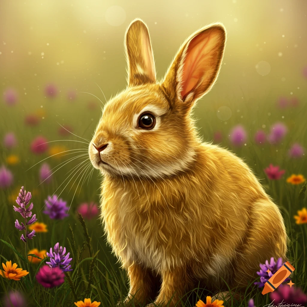A golden bunny sitting in a field of colorful flowers.