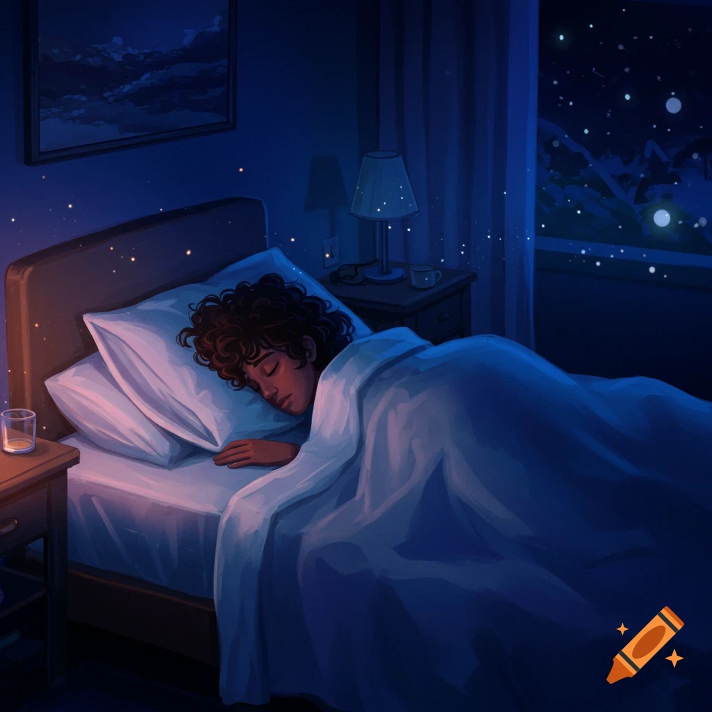 Person sleeping in bed at night with stars visible outside the window.