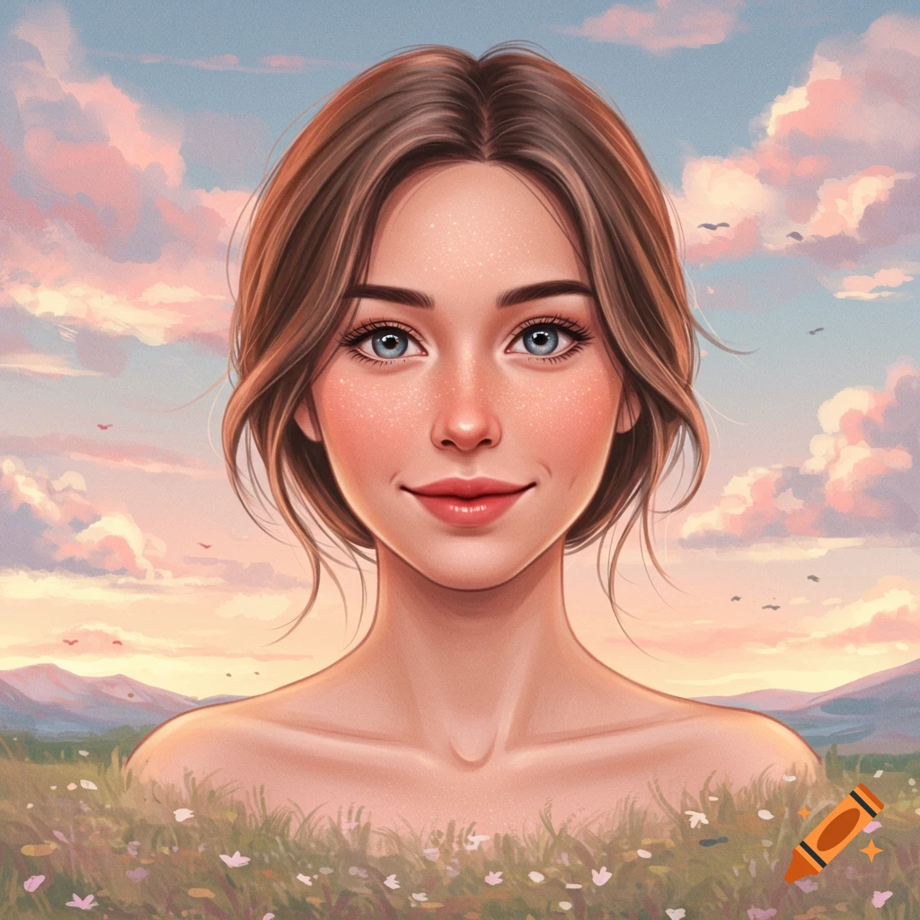 A young woman stands in a field of flowers with a sunset sky and mountains behind her.