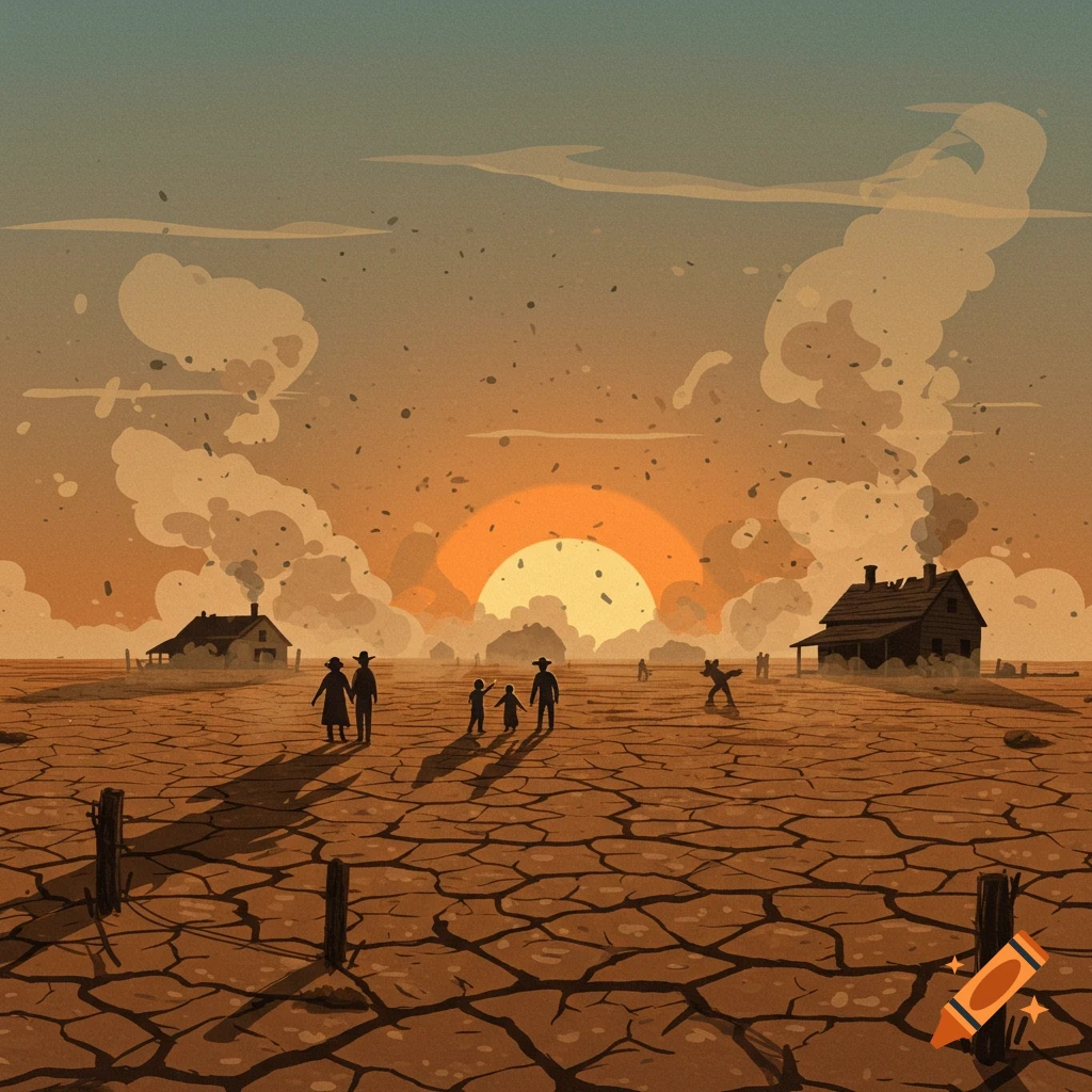 Animated illustration of silhouetted family walking across dry cracked earth under a setting sun, with dusty houses.