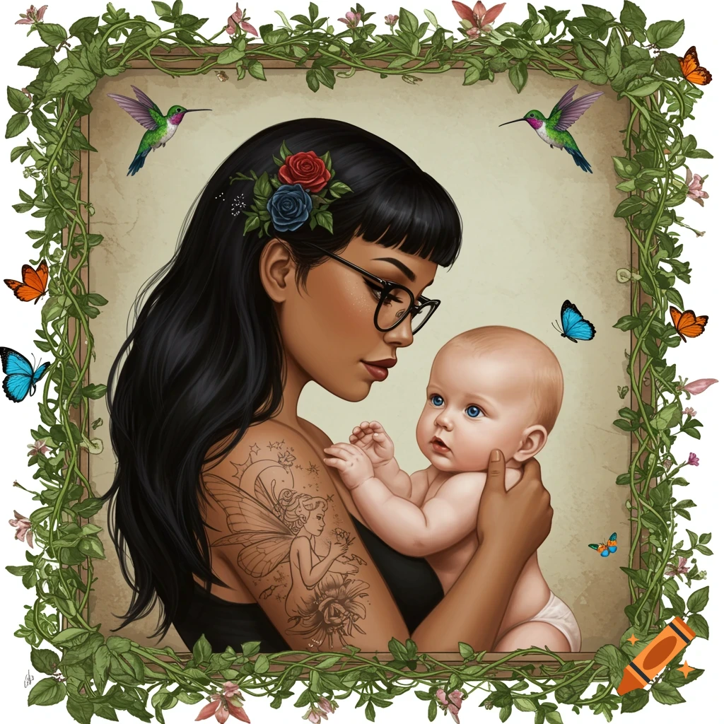 A mother holds a baby framed by vines, hummingbirds, and butterflies in a faded watercolor style.