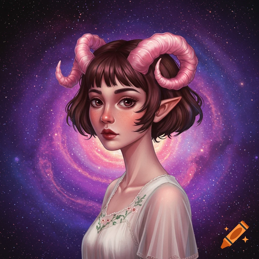 A fantasy woman with pink horns and elf ears is shown against a galaxy background.