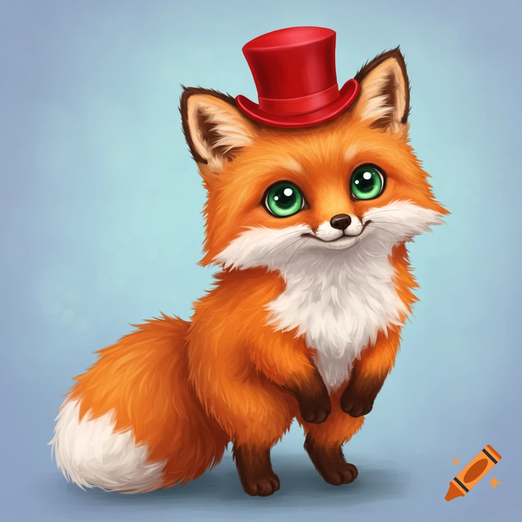 A cute fox standing on its hind legs with green eyes and a red top hat.