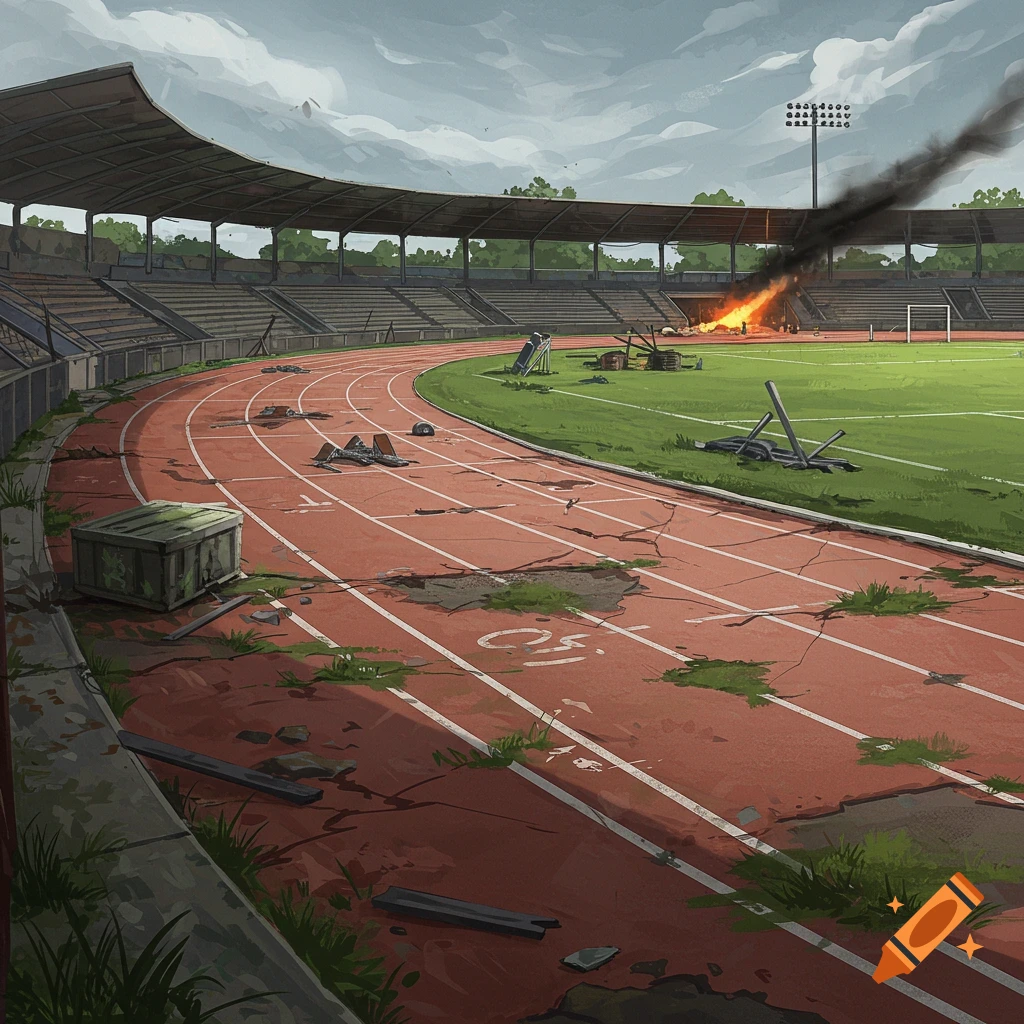 A ruined stadium track with debris, fire, and smoke.