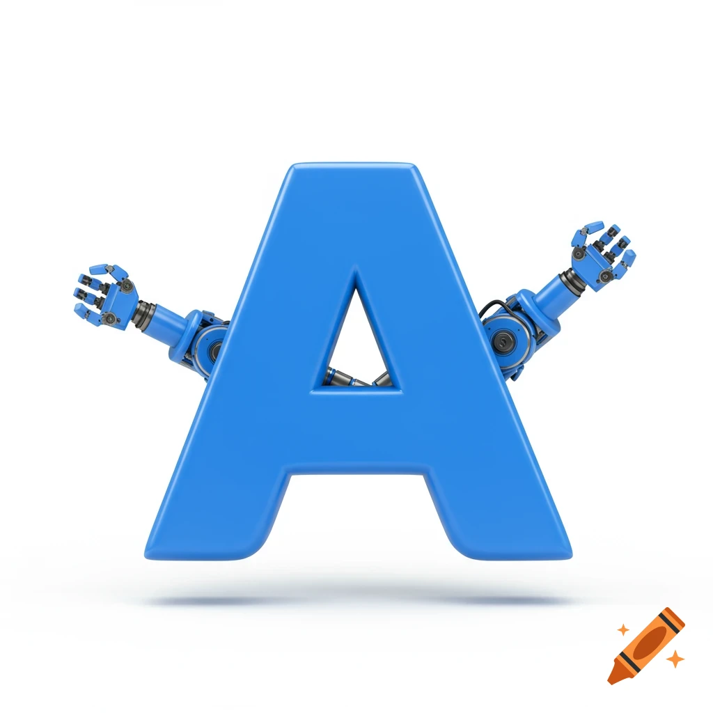 A blue letter A with robotic arms extending from the sides, 3D rendered.