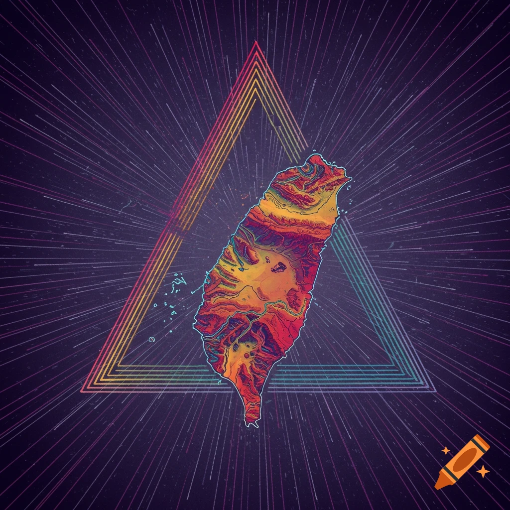 A colorful topographic map of Taiwan within a geometric triangle on a starry background, digital art.