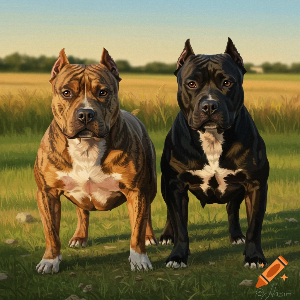 Two Pit bull dogs are in a field