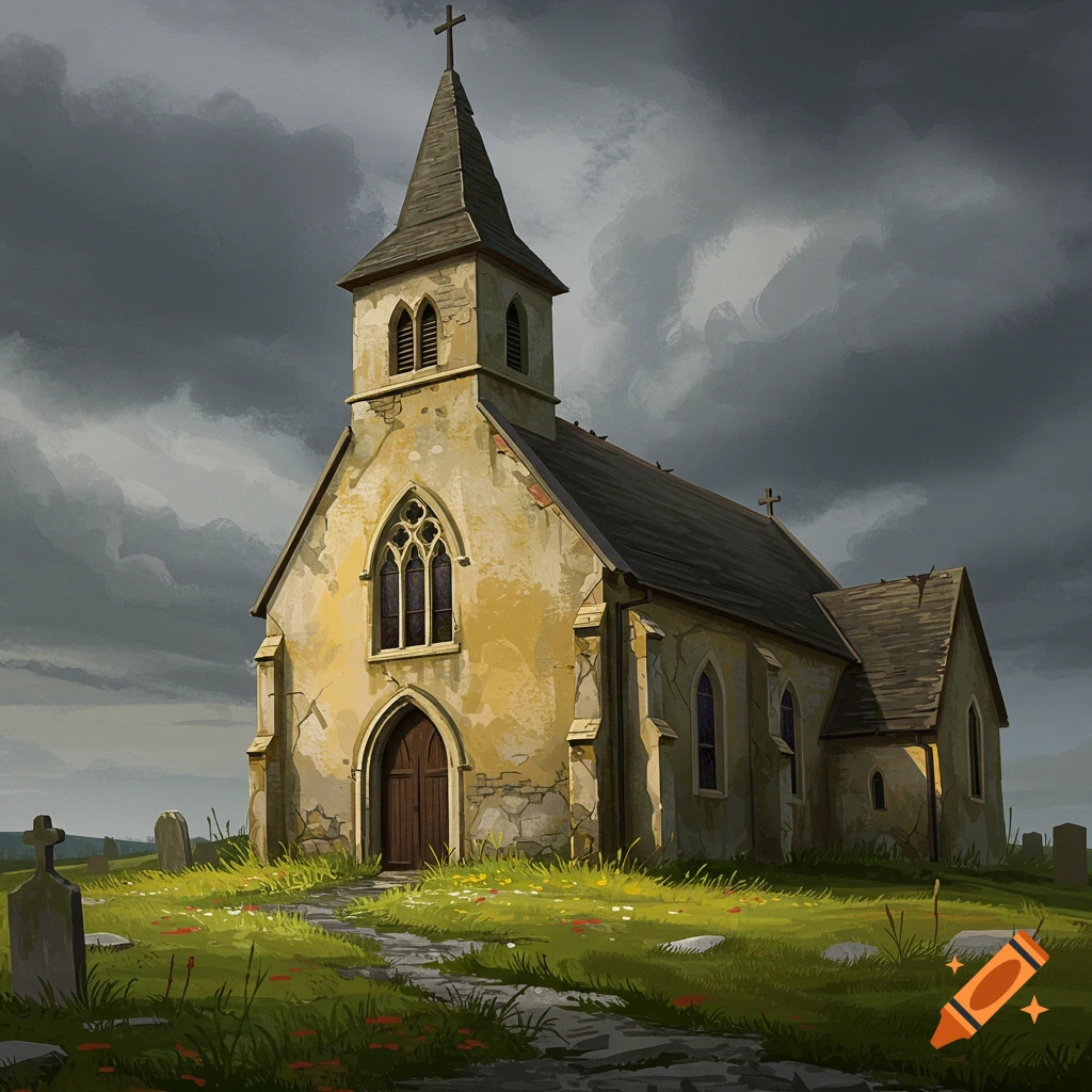 An old church and cemetery under a stormy sky
