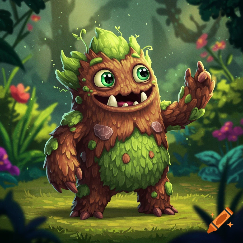 A cute, leafy brown monster with big green eyes smiles and waves in a forest setting.