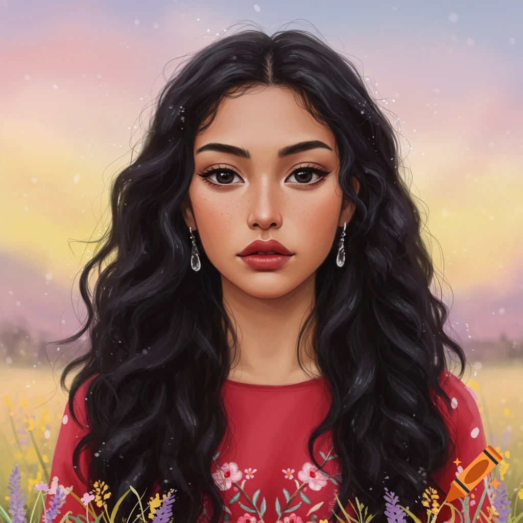 Portrait of a woman with long dark hair and a red floral shirt in a field.