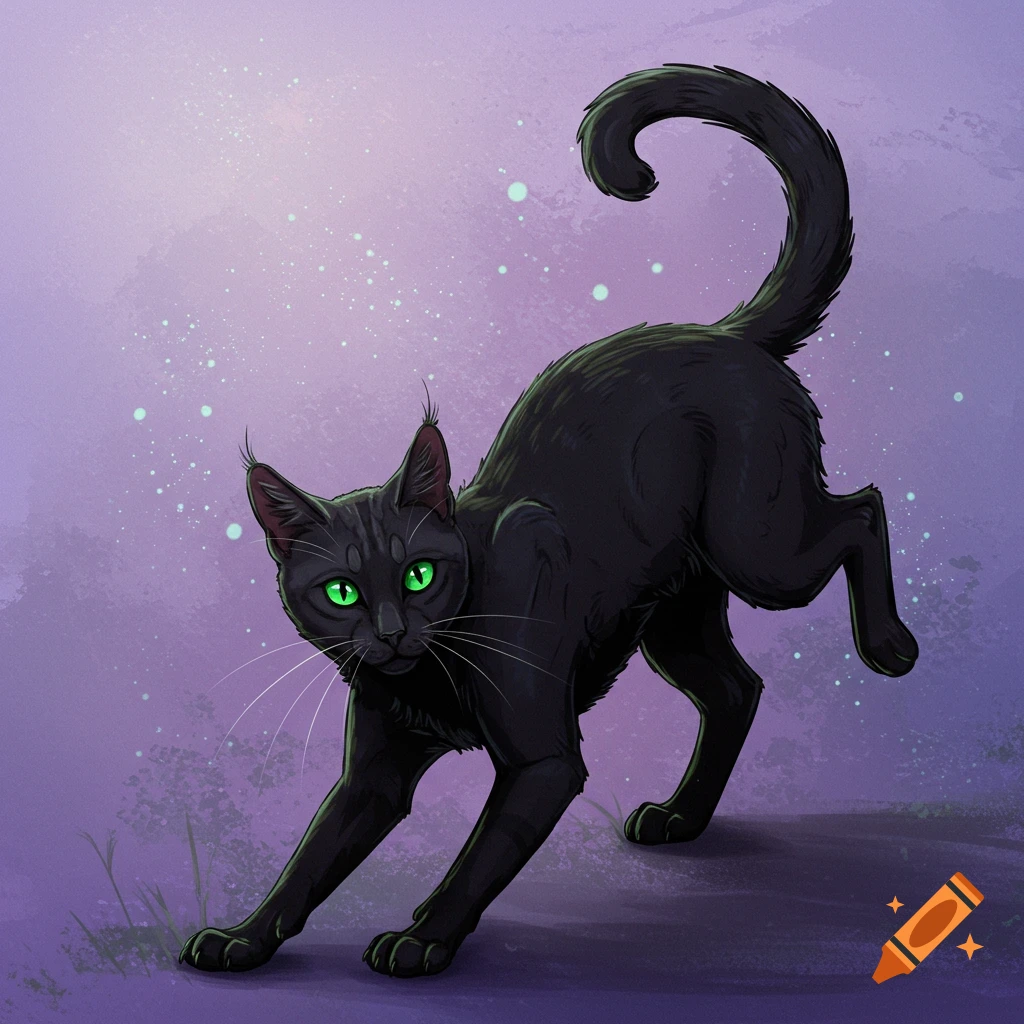 A black cat stretching with green eyes against a purple background
