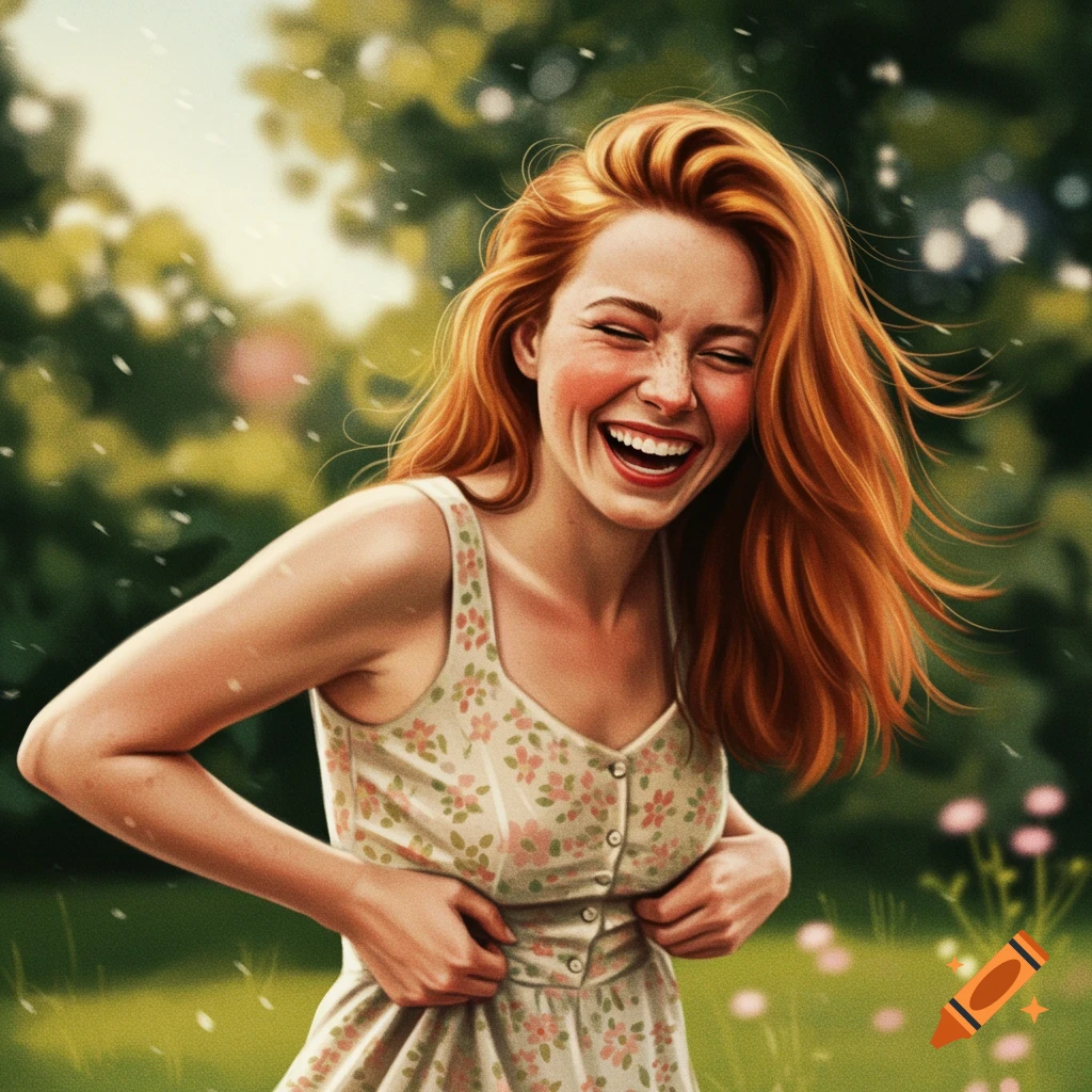 A joyful woman with red hair is laughing in a sunny garden.
