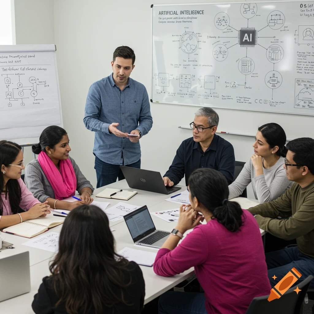 Group of people in a meeting room discussing AI, gathered around a table with laptops and notebooks, with whiteboards full of diagrams.