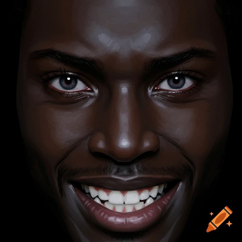 A close-up of a dark-skinned face with blue eyes and a wide, toothy smile.