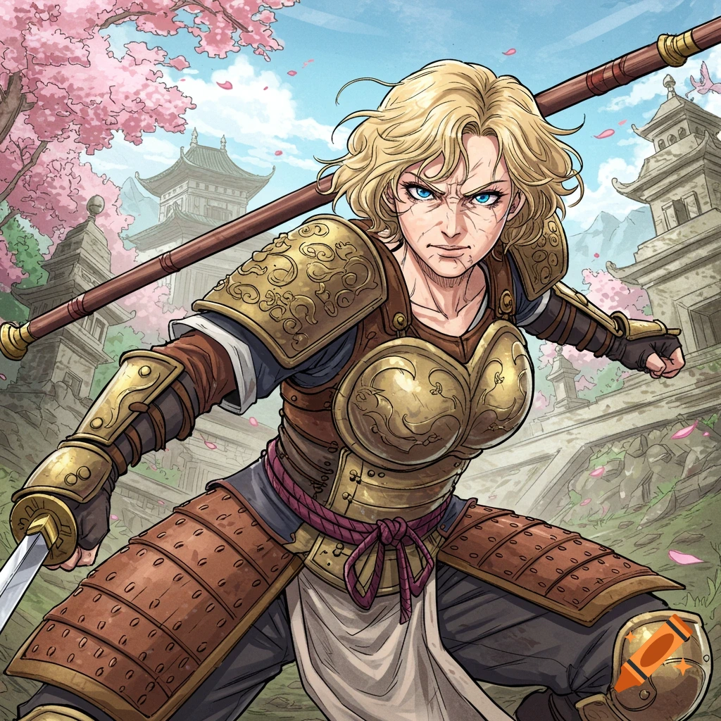 A manga illustration of a female warrior in ornate armor holding a spear and sword in a dynamic pose, with Japanese temples and cherry blossoms in the background.