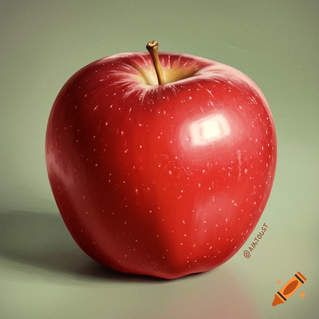 A detailed image of a red apple on a muted green surface.