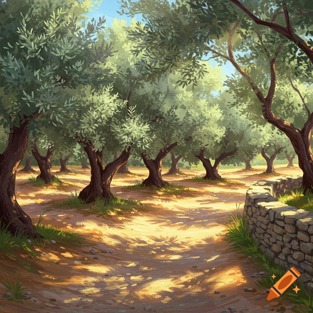 A sunny olive grove with a stone wall.