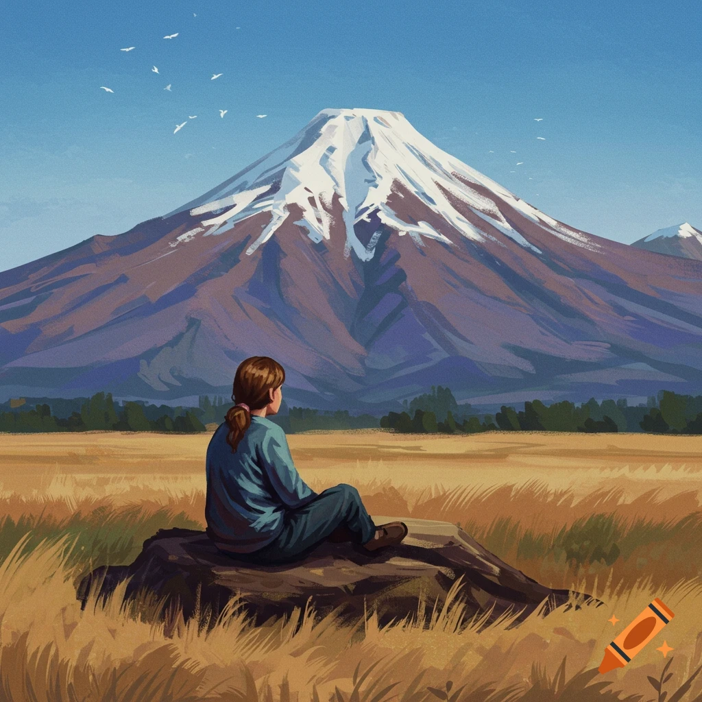 A person sits on a rock, looking at a snow-capped mountain across a golden field.