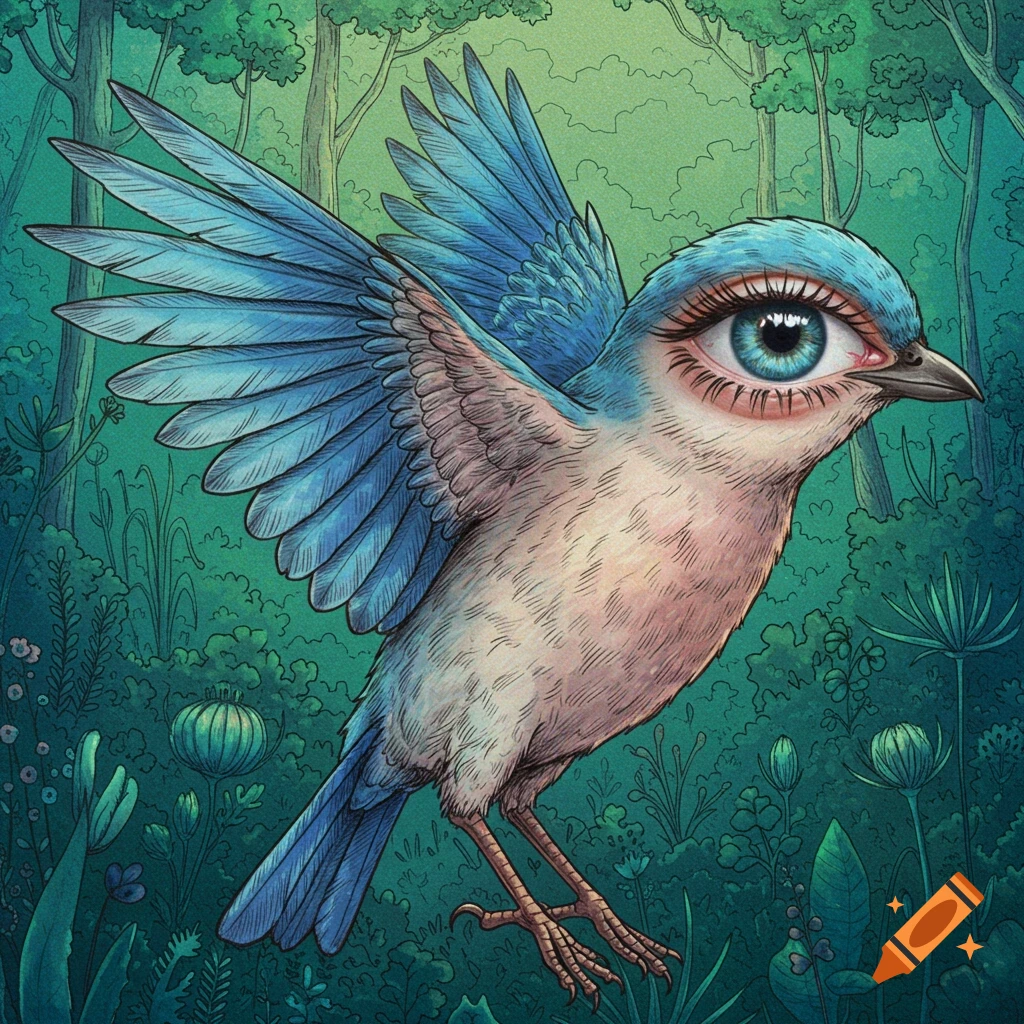 Illustration of a bird with a human eye face flying in a forest.