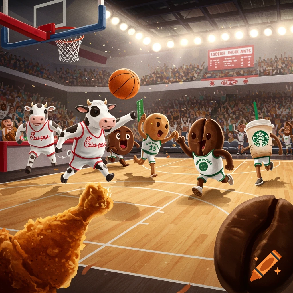 Chick-fil-A cow mascots playing basketball against Starbucks character mascots in an arena.