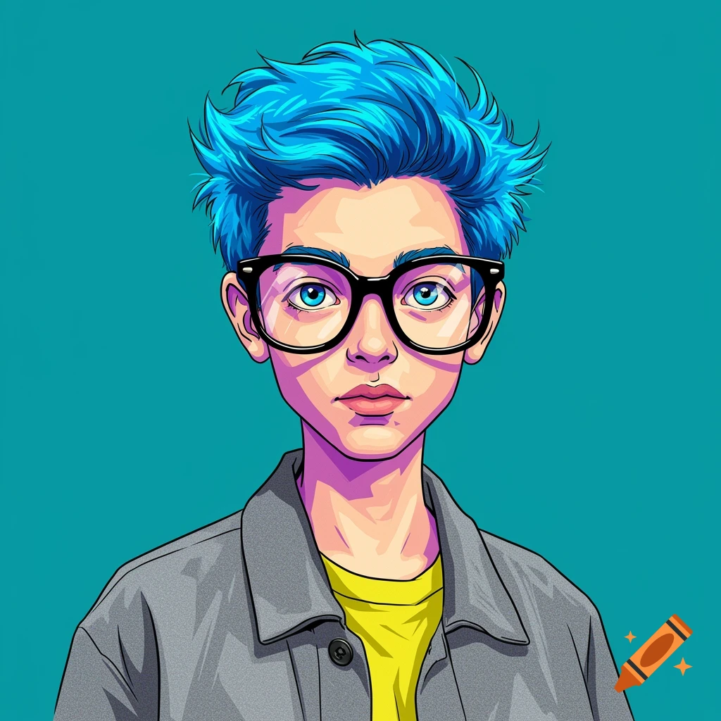 Stylized pop art portrait of a boy with blue hair and glasses wearing a gray jacket and yellow shirt against a teal background.