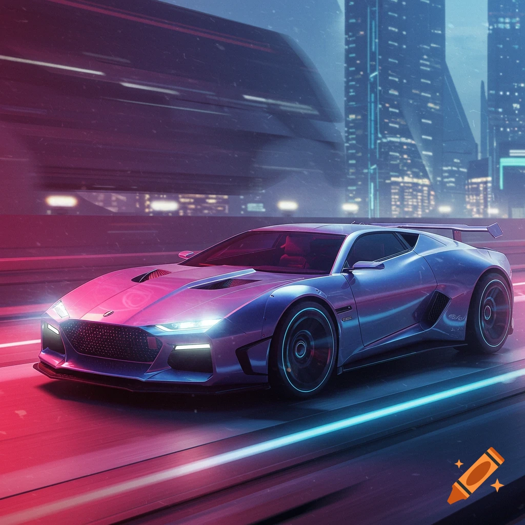 A sleek futuristic car speeds through a cyberpunk city street at night with motion blur.