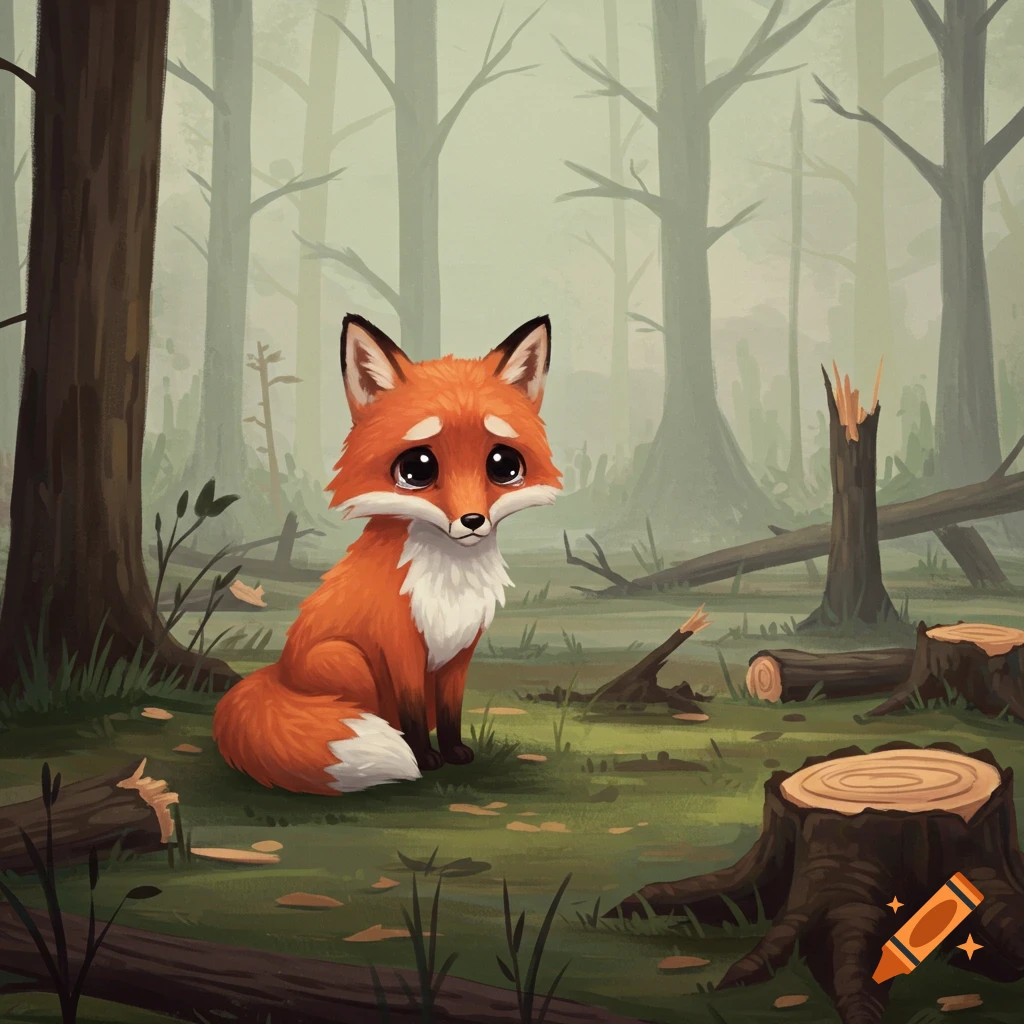 A sad cartoon fox sits among tree stumps in a misty forest.