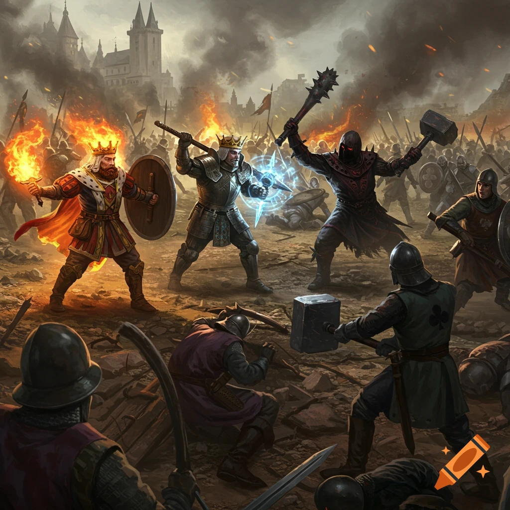 Kings and soldiers battle fiercely on a smoky battlefield with a castle in the distance.