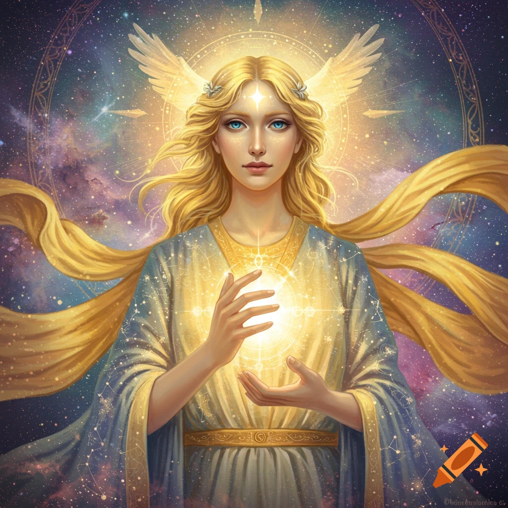 A blonde-haired deity holding a glowing orb against a starry space background.