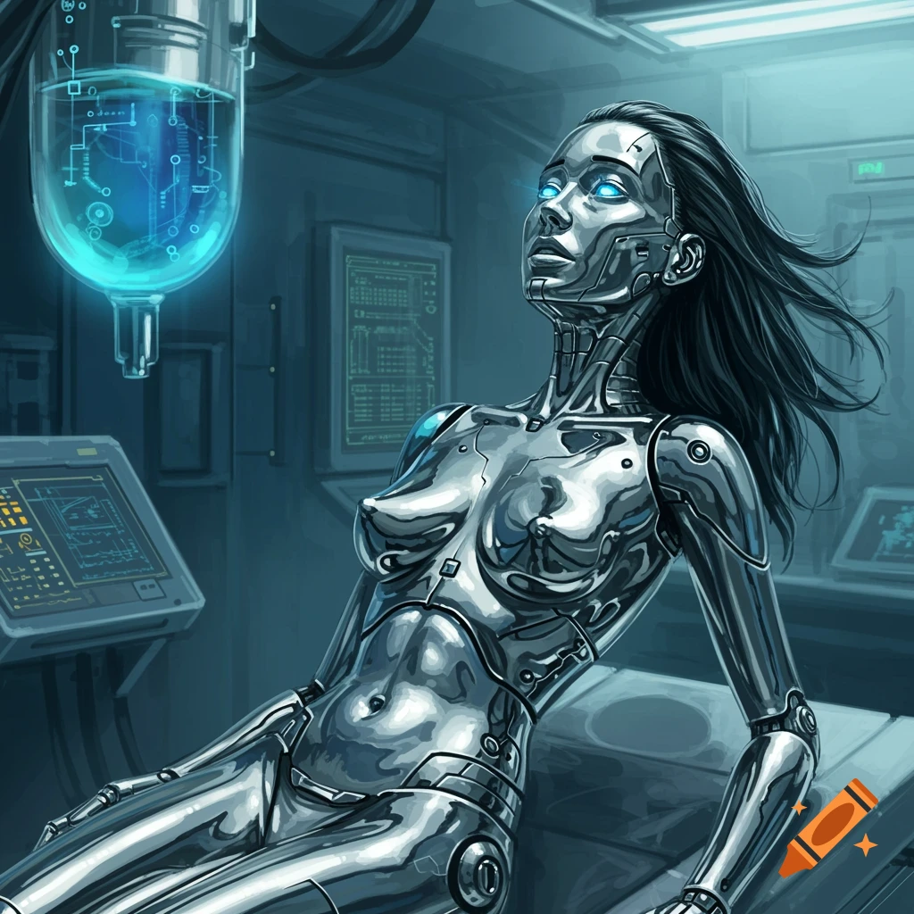 Chrome female android lying on a medical pod in a high-tech laboratory.