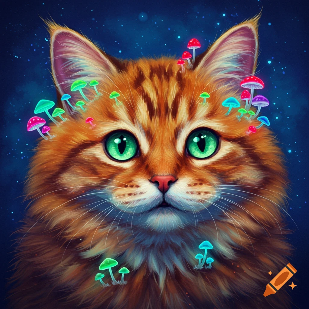 An orange cat with glowing, colorful mushrooms growing from its head against a dark, starry background.