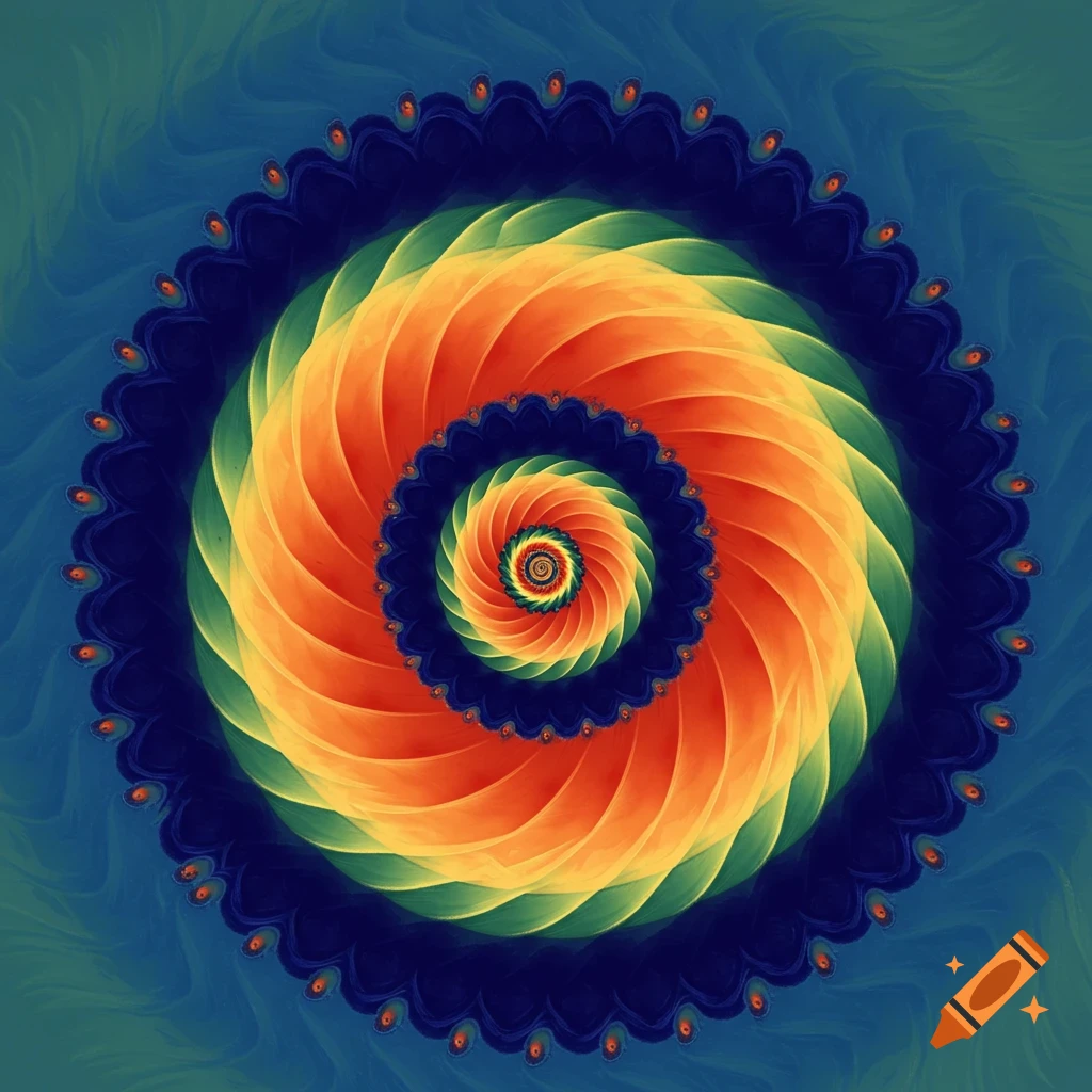 A vibrant orange, yellow, and green spiral pattern against a blue background, resembling a fractal or mandala.