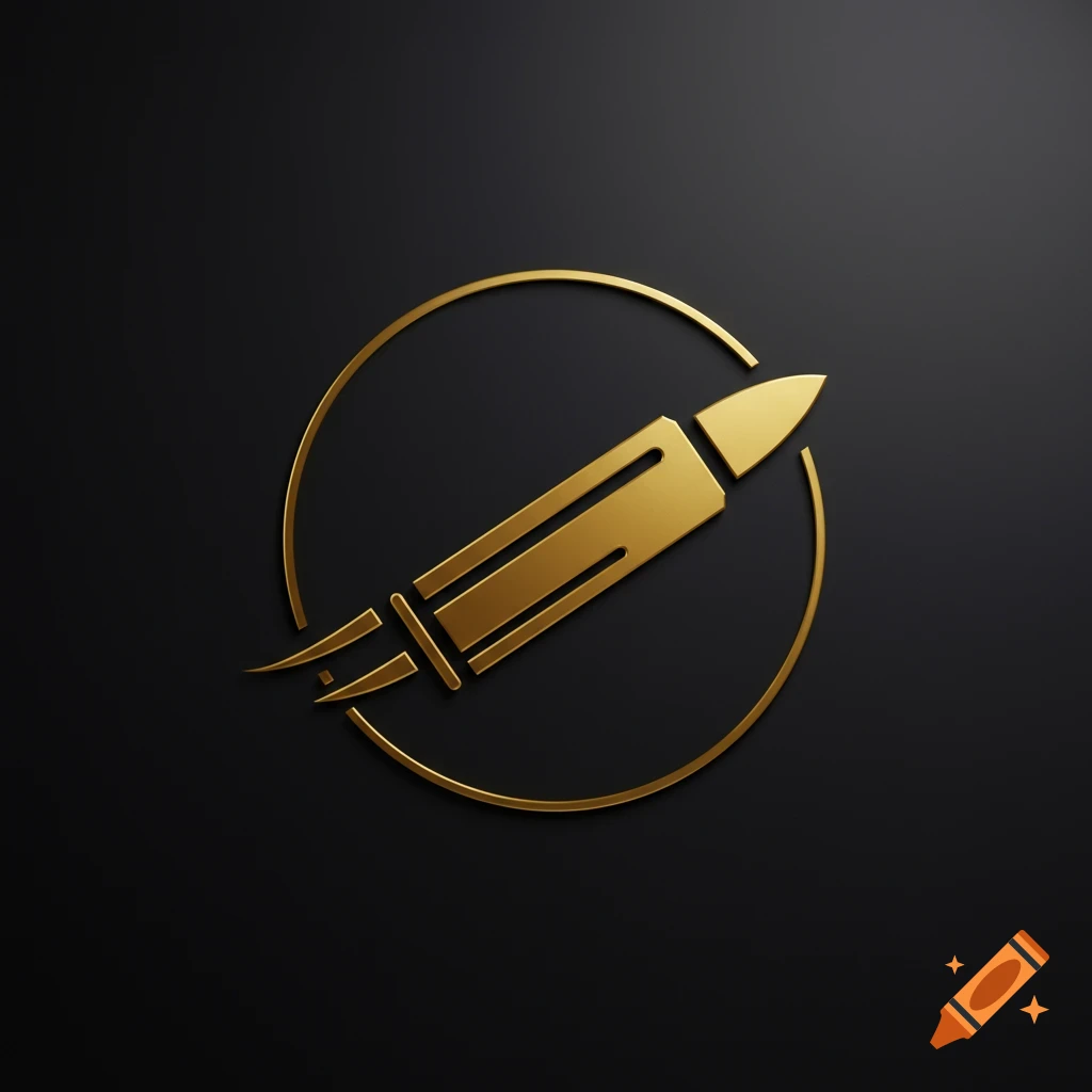 A minimalist gold bullet logo angled upward with a slipstream effect, inside a thin circle on a black background.
