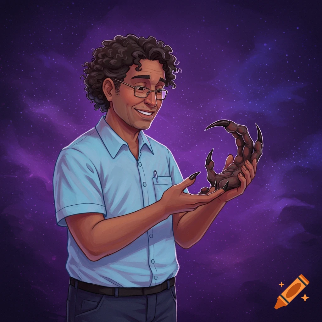 A smiling man in a blue shirt holds a Skeksis claw against a starry purple background.