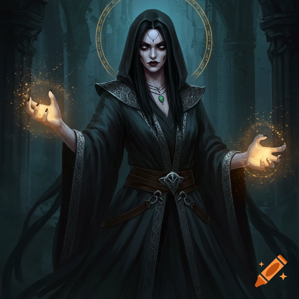 A dark-robed woman casting magic with glowing hands in ruins, with a golden ring behind her head.
