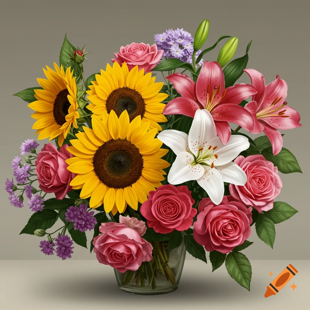 A vibrant bouquet with sunflowers, roses, and lilies in a glass vase.