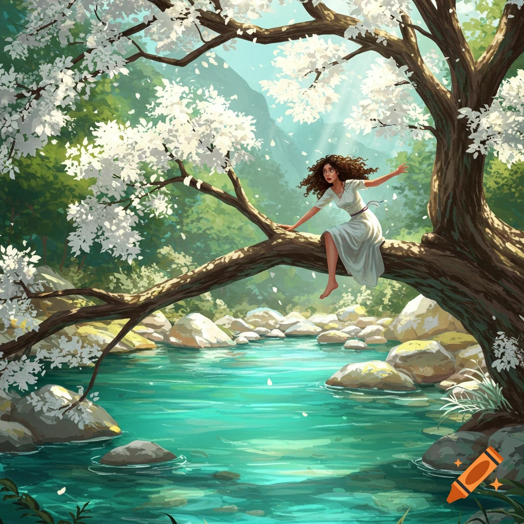 A woman is sitting on a flowering tree branch over a river.
