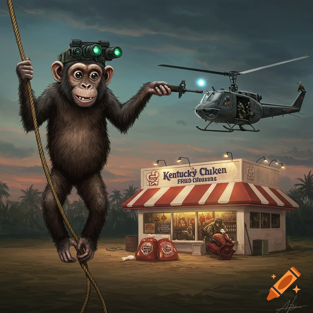 Monkey with googly eyes and military gear climbing from a UH-1 Huey on ...