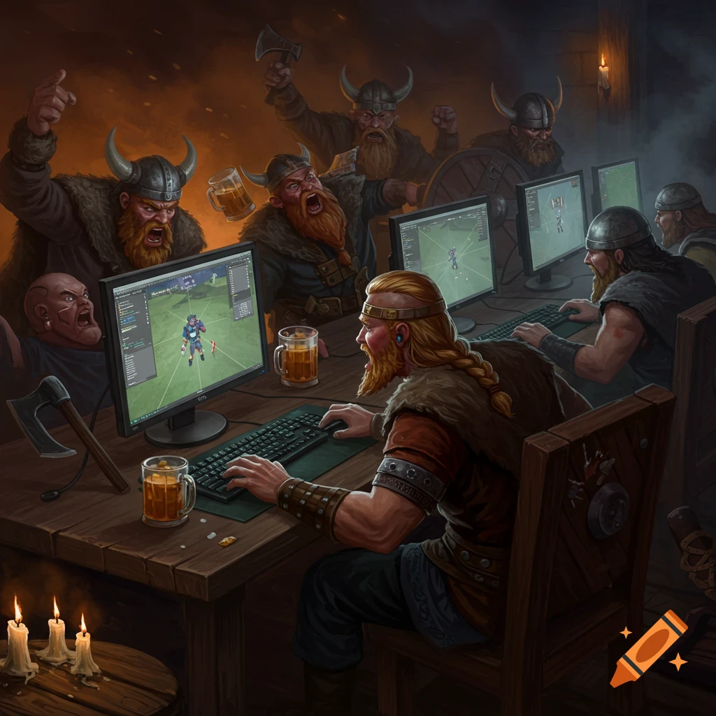 Drunk Vikings playing video games at a LAN party